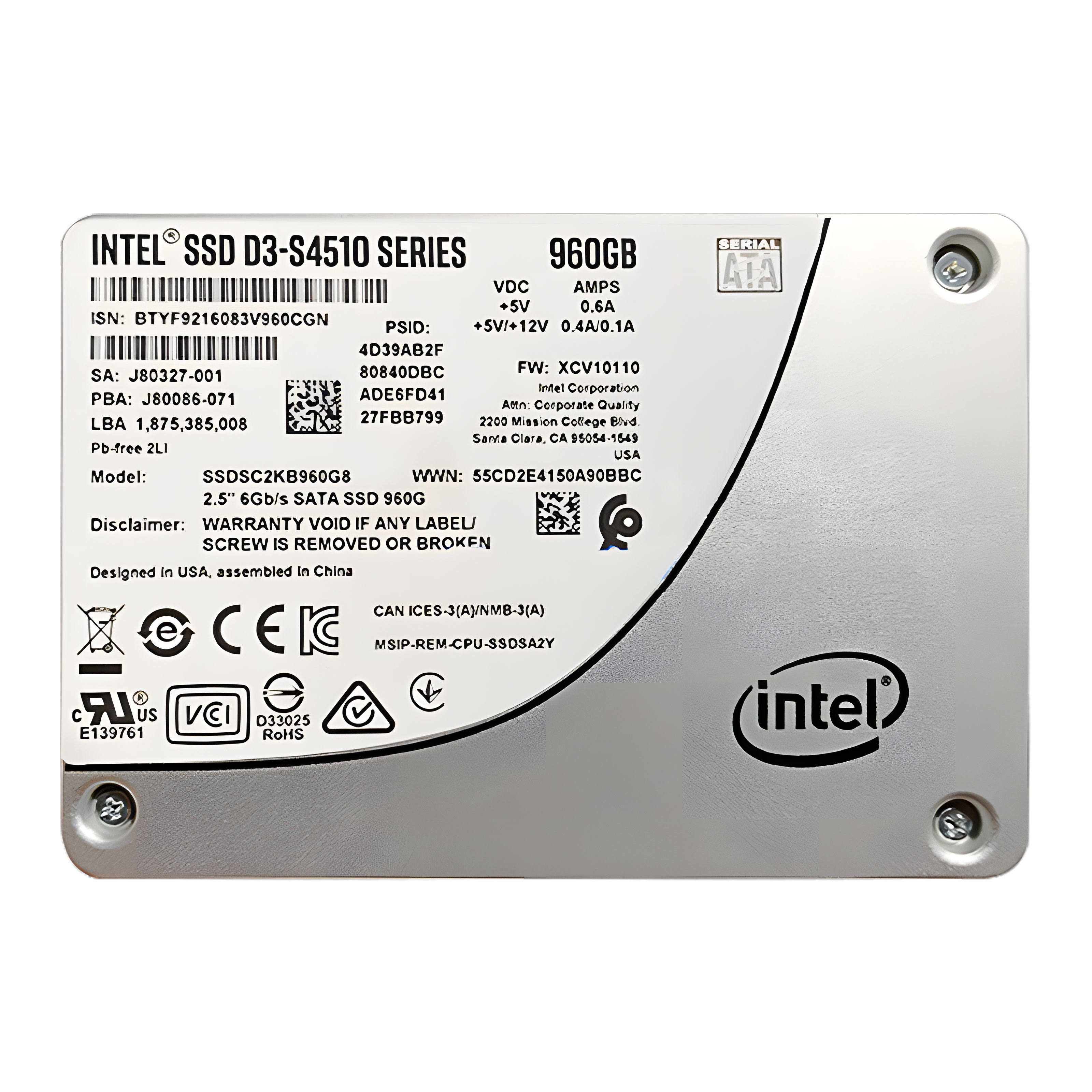 Intel S4510 960G 2.5寸SATA SSDSC2KB960G801读取密集型企业级